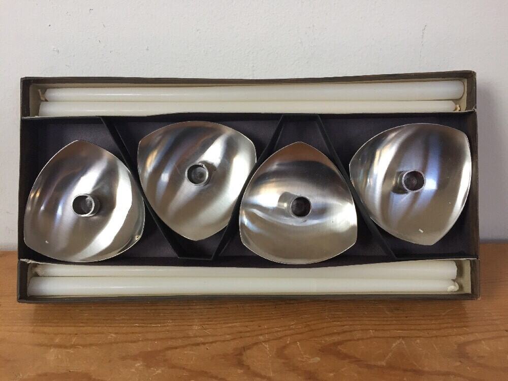 Set Vtg Mid Century Stelton Stainless Danish Modern Floral Taper Candles Holders